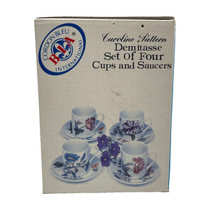 Set of 4 BIA Cordon Bleu Cups & Saucers Caroline Demitasse Pattern Porcelain New
